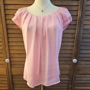 Pink Pleated Neck Short Sleeve Blouse
